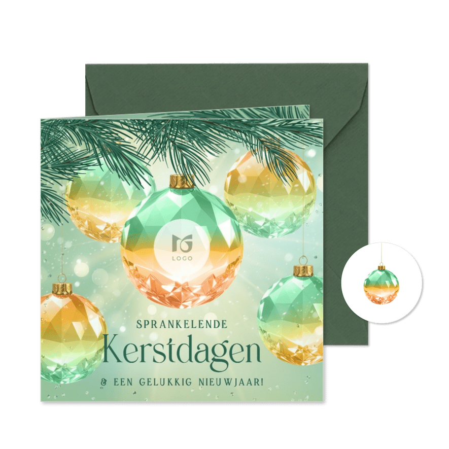 Zakelijke kerstkaart groen gekleurde kristallen kerstballen - Kaartimpressie