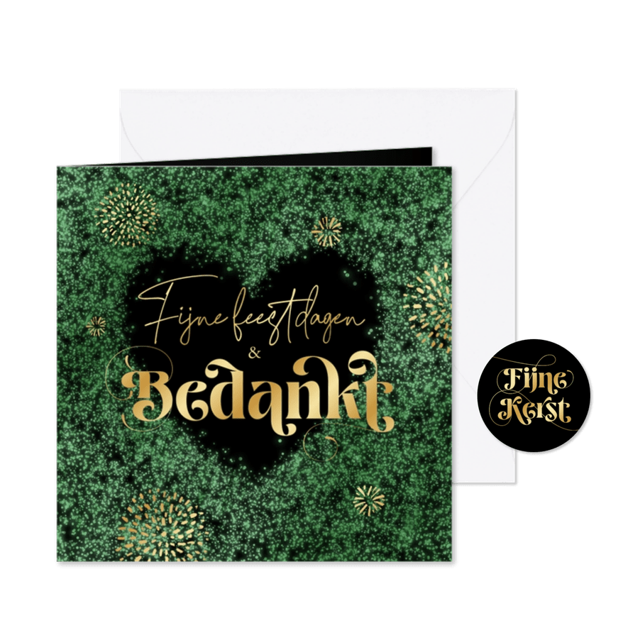 Zakelijke kerstkaart groen hart vuurwerk goud bedankt - Kaartimpressie