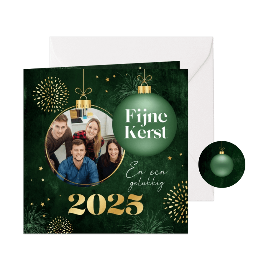 Zakelijke kerstkaart groen kerstballen goud foto sterren - Kaartimpressie