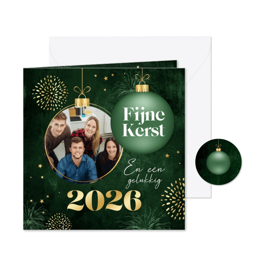 Zakelijke kerstkaart groen kerstballen goud foto sterren - Kaartimpressie