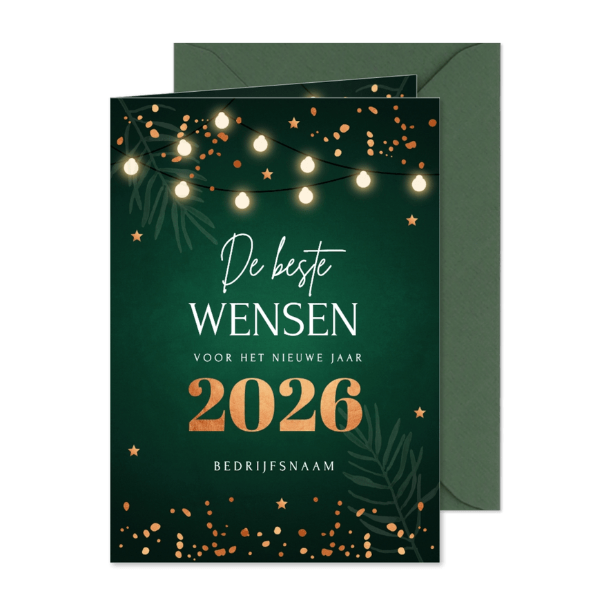 Zakelijke kerstkaart groen lampjes 2026 koperlook - Kaartimpressie