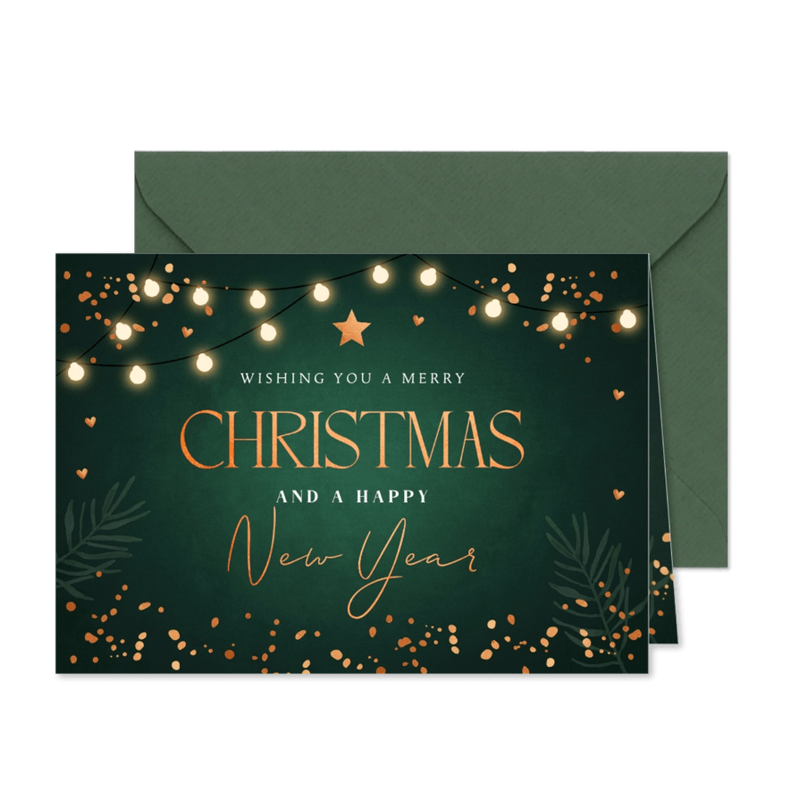 Zakelijke kerstkaart groen sparkles koperlook lampjes - Kaartimpressie