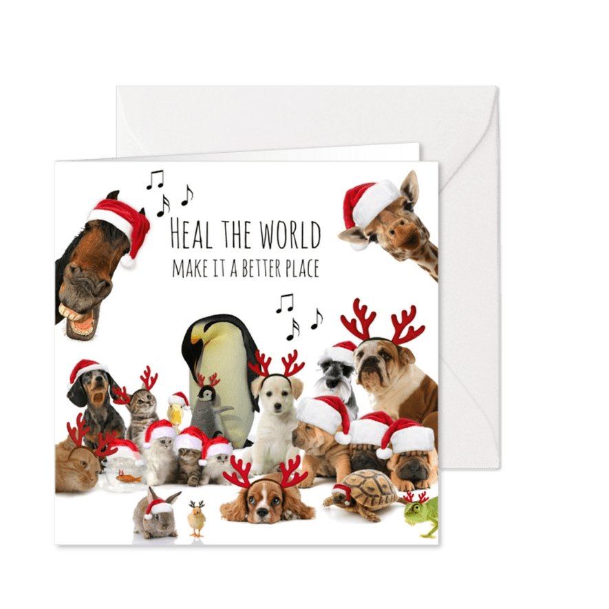 Zakelijke kerstkaart 'heal the world' diverse dieren - Kaartimpressie