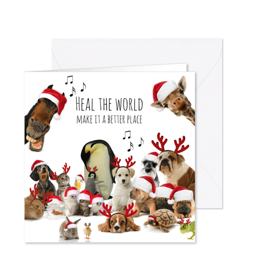 Zakelijke kerstkaart 'heal the world' diverse dieren - Kaartimpressie