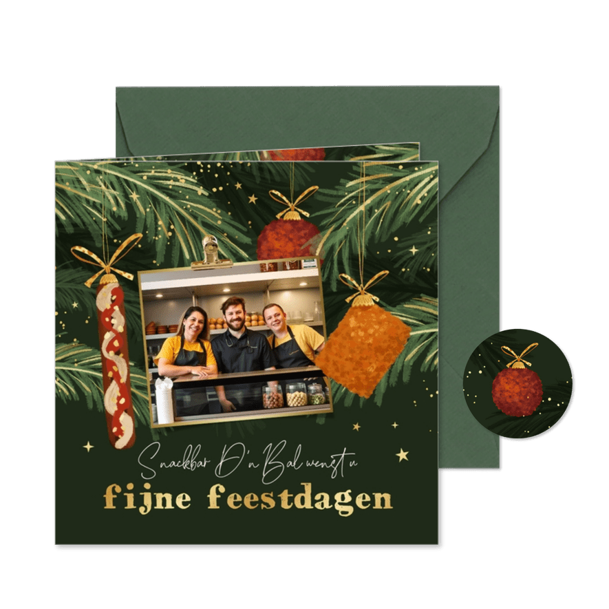 Zakelijke kerstkaart horeca snacks eten foto kerstballen - Kaartimpressie