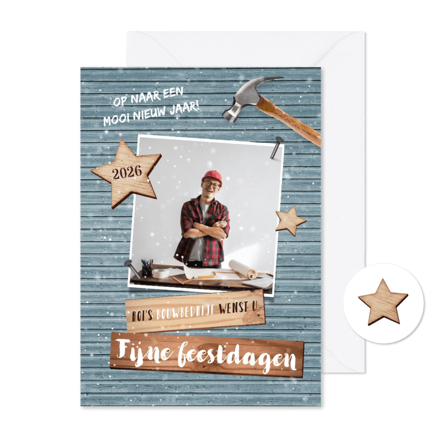 Zakelijke kerstkaart hout klussenbedrijf bouw sterren foto - Kaartimpressie