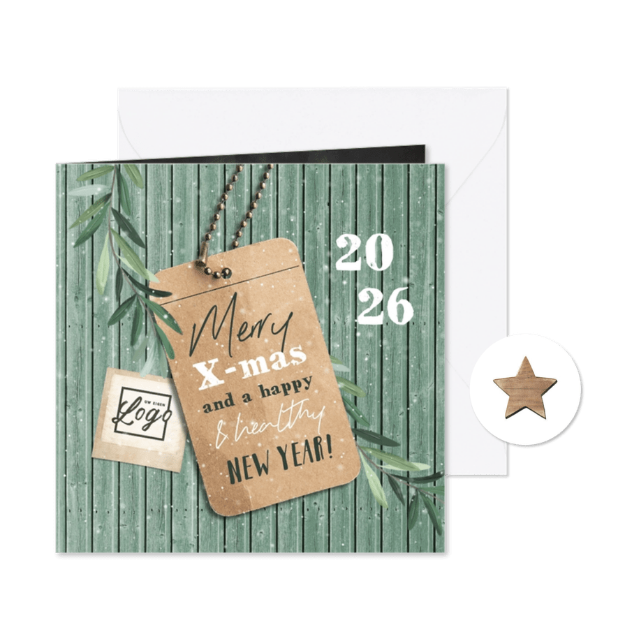 Zakelijke kerstkaart hout label sneeuw groen takje logo - Kaartimpressie