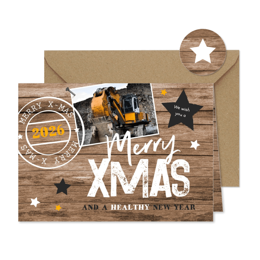 Zakelijke kerstkaart hout sterren stempel industrieel stoer - Kaartimpressie