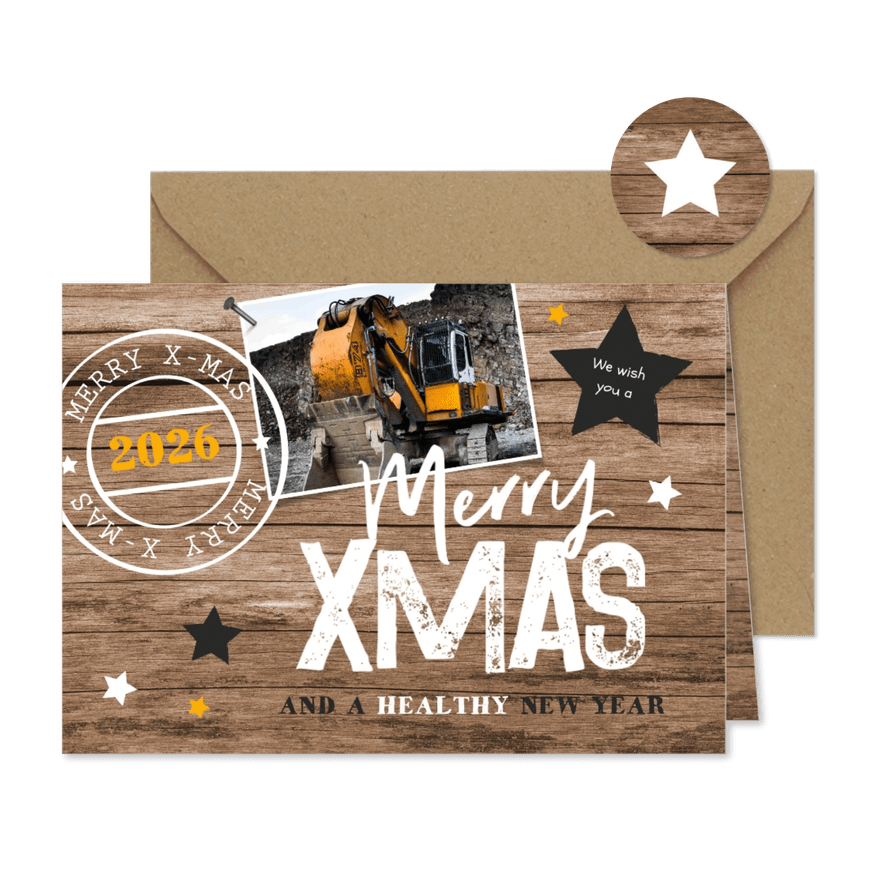 Zakelijke kerstkaart hout sterren stempel industrieel stoer - Kaartimpressie