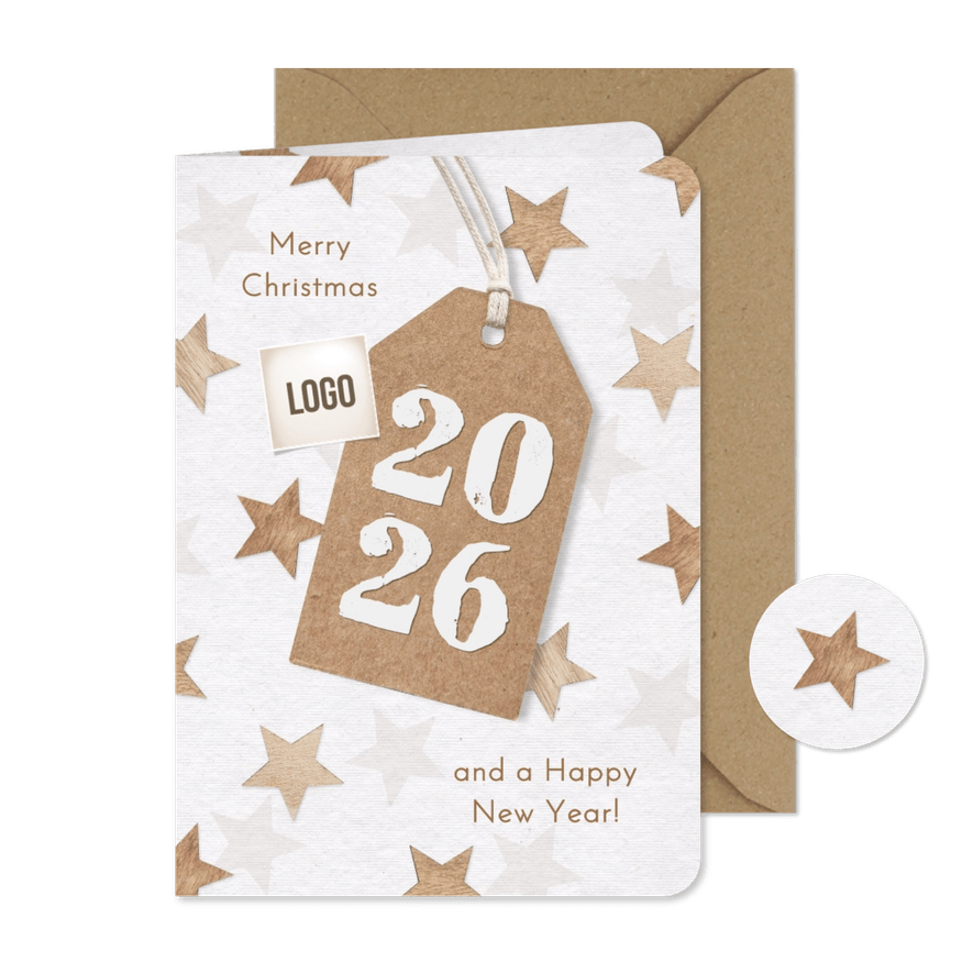 Zakelijke kerstkaart houten sterren label natuurlijk 2026 - Kaartimpressie