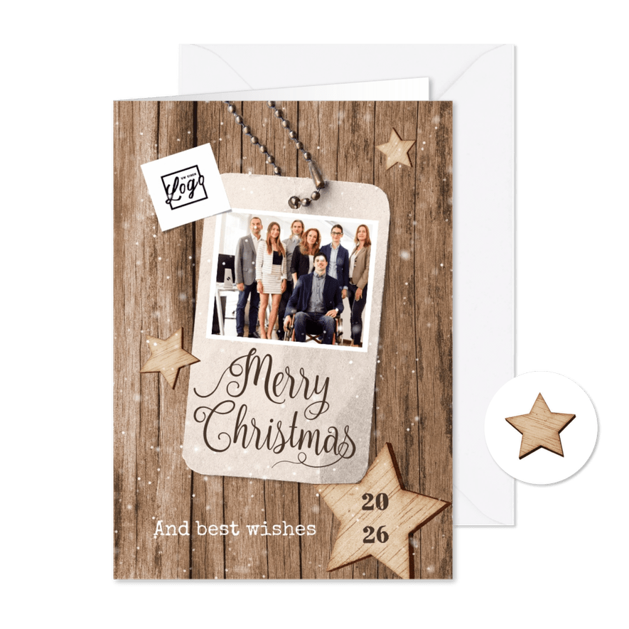 Zakelijke kerstkaart houtlook label sterren foto logo - Kaartimpressie
