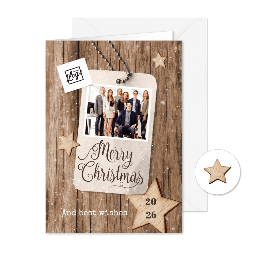 Zakelijke kerstkaart houtlook label sterren foto logo - Kaartimpressie