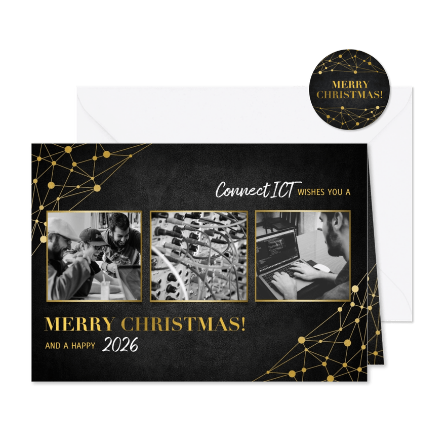 Zakelijke kerstkaart ICT gouden typografie en netwerk - Kaartimpressie