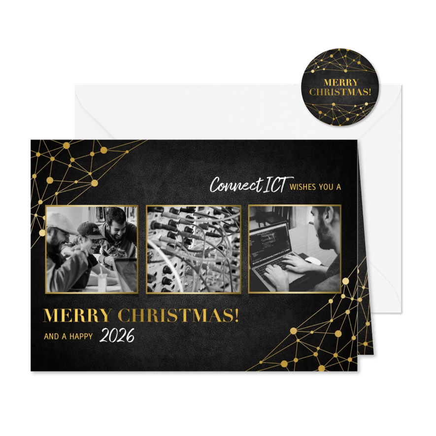 Zakelijke kerstkaart ICT gouden typografie en netwerk - Kaartimpressie