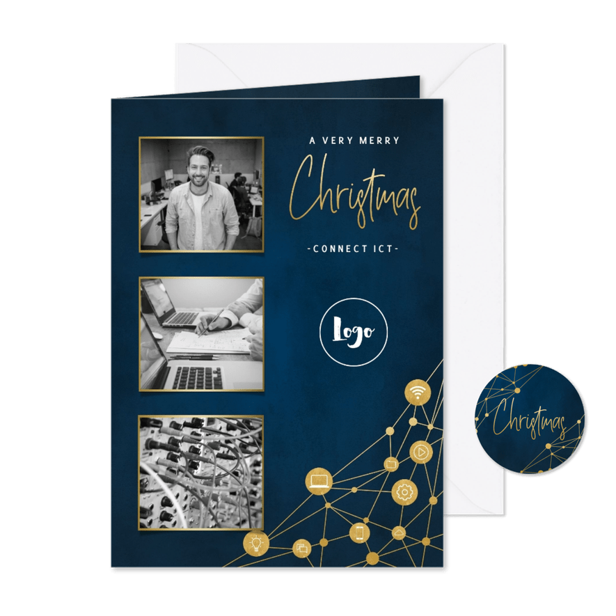 Zakelijke kerstkaart ICT met iconen, foto's en typografie - Kaartimpressie