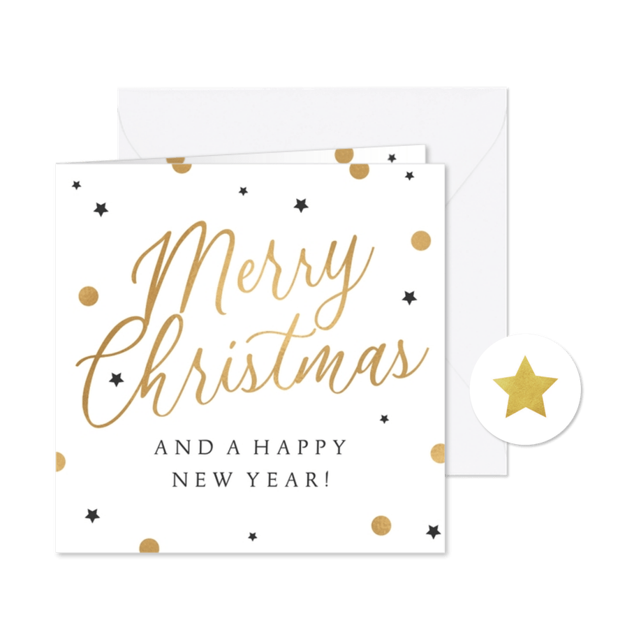 Zakelijke kerstkaart in goud merry christmas confetti - Kaartimpressie