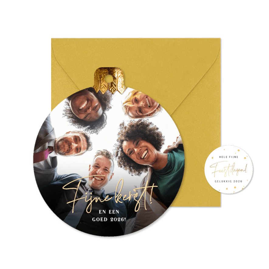 Zakelijke kerstkaart in kerstbal vorm met eigen foto - Kaartimpressie