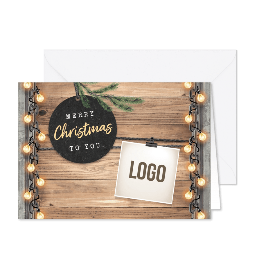 Zakelijke kerstkaart industrieel lampjes logo foto's - Kaartimpressie