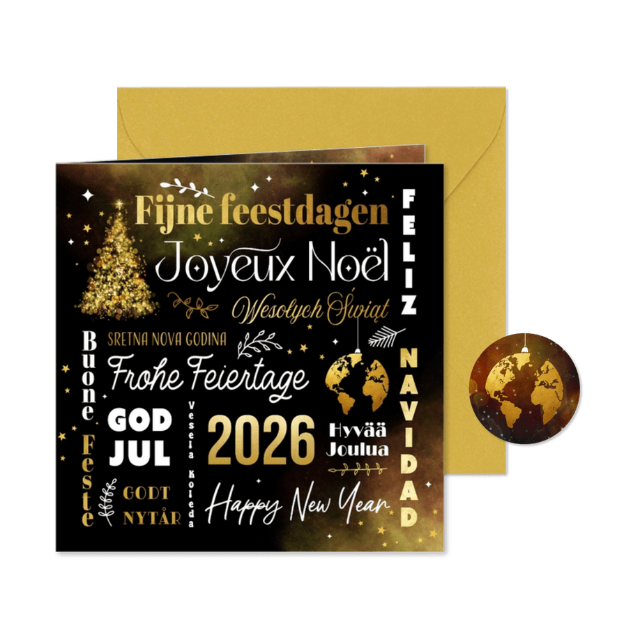 Zakelijke kerstkaart internationaal europees talen goud 2026 - Kaartimpressie