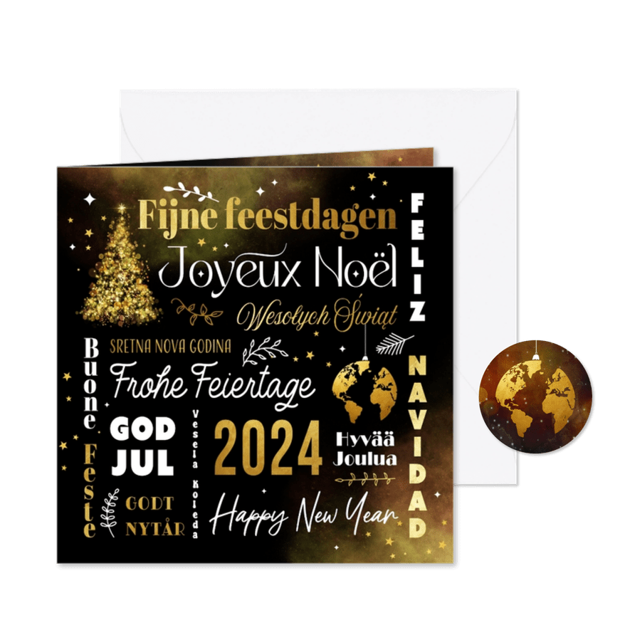 Zakelijke kerstkaart internationaal europees talen goud - Kaartimpressie