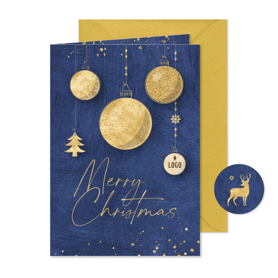 Zakelijke kerstkaart internationaal met gouden kerstballen - Kaartimpressie