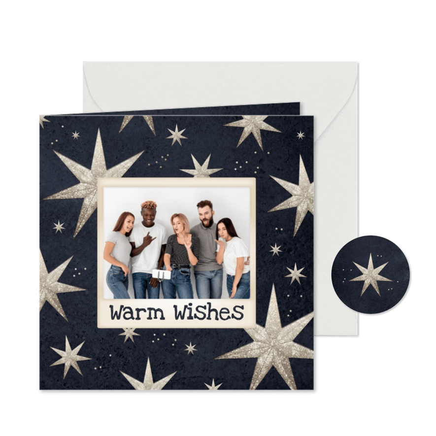 Zakelijke kerstkaart internationaal sterren foto warm wishes - Kaartimpressie