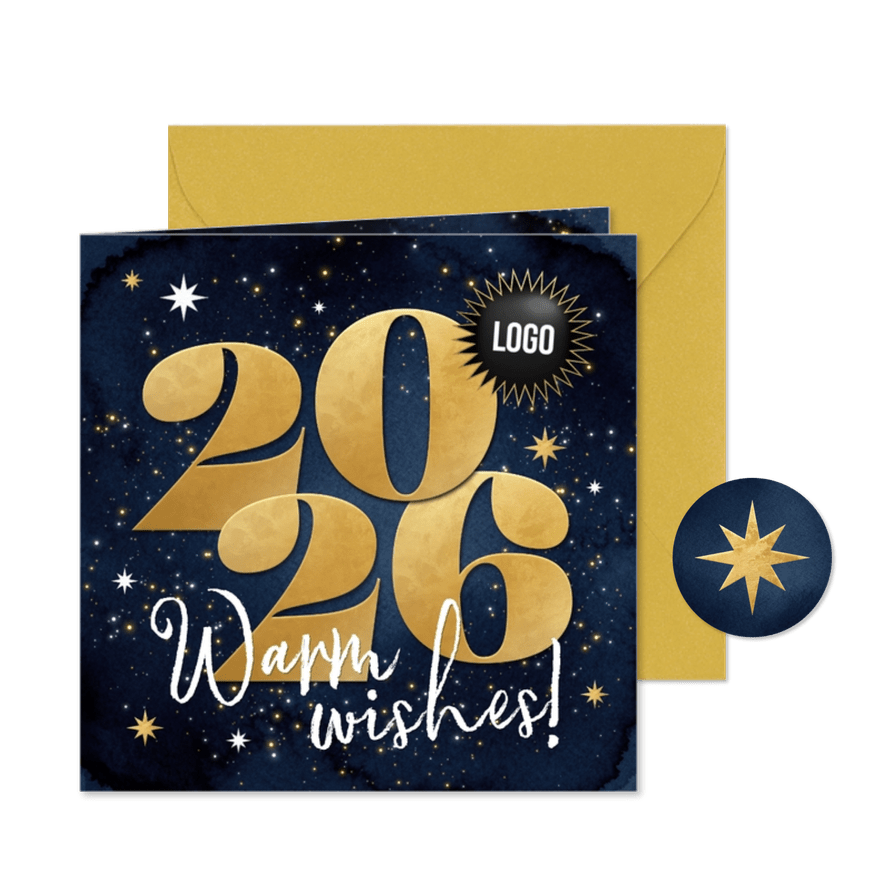 Zakelijke kerstkaart internationaal warm wishes goud 2026 - Kaartimpressie