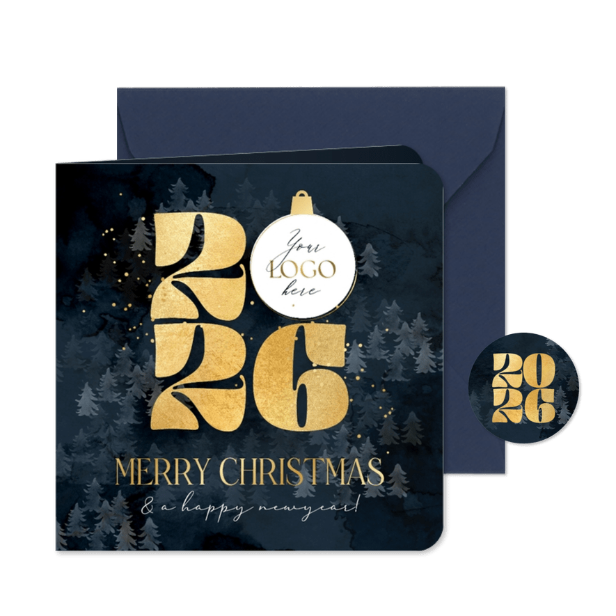 Zakelijke kerstkaart jaartal goud logo kerstbal dennenbomen - Kaartimpressie