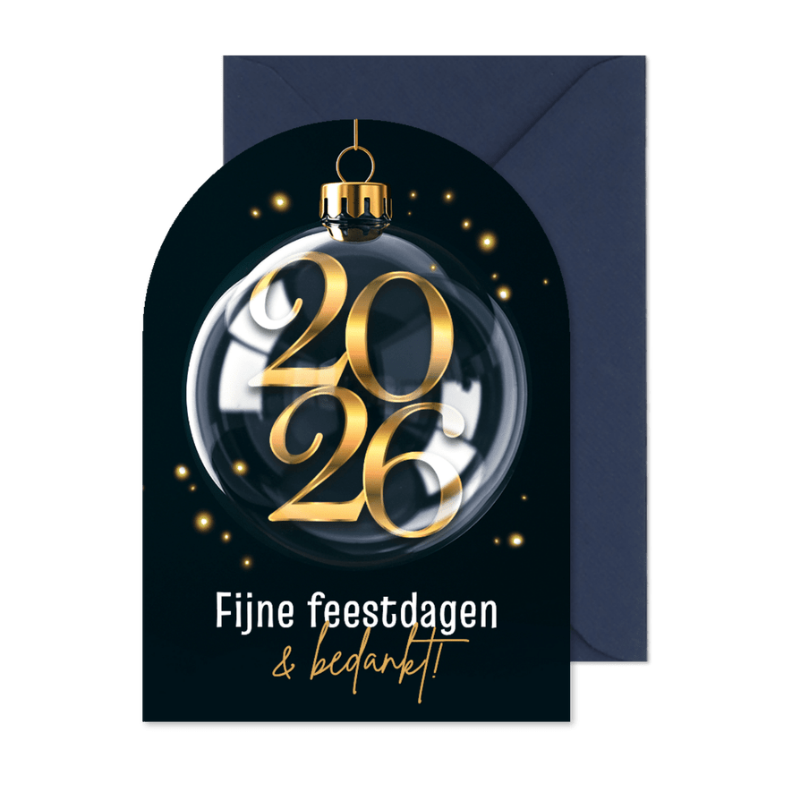 Zakelijke kerstkaart kerstbal 2026 goud origineel - Kaartimpressie