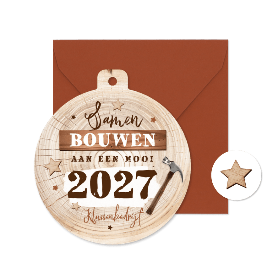Zakelijke kerstkaart kerstbal bouwbedrijf klussen hout hamer - Kaartimpressie