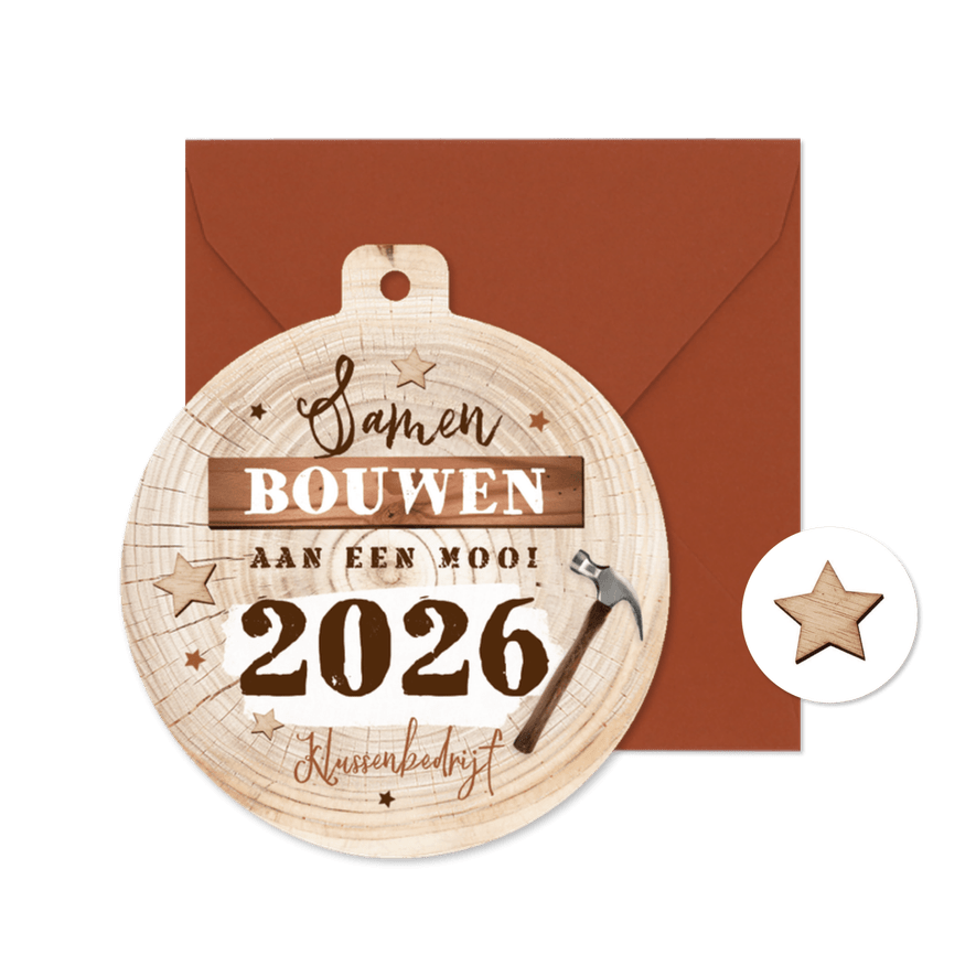 Zakelijke kerstkaart kerstbal bouwbedrijf klussen hout hamer - Kaartimpressie