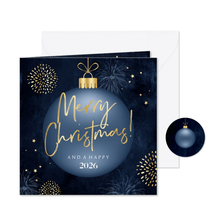 Zakelijke kerstkaart kerstbal buurwerk sterren goud blauw - Kaartimpressie