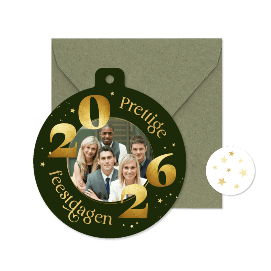 Zakelijke kerstkaart kerstbal foto 2026 jaartal goud sterren - Kaartimpressie