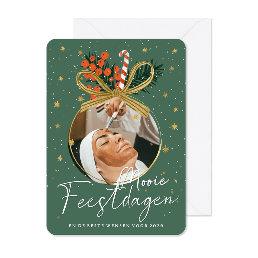 Zakelijke kerstkaart kerstbal goud sterren strik kersttak - Kaartimpressie