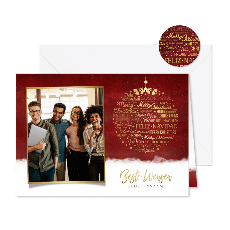 Zakelijke kerstkaart kerstbal met meertalige kerstgroet - Kaartimpressie