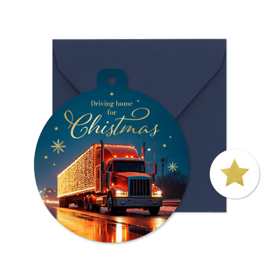 Zakelijke kerstkaart kerstbal transport sneeuw goud sterren - Kaartimpressie