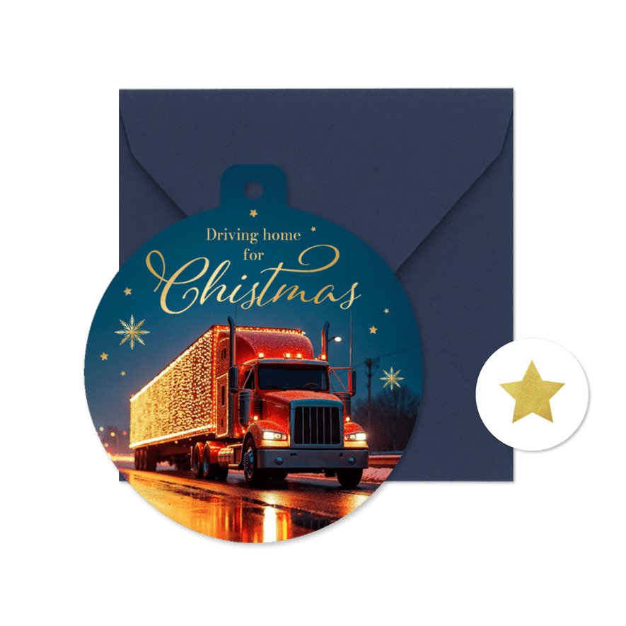 Zakelijke kerstkaart kerstbal transport sneeuw goud sterren - Kaartimpressie