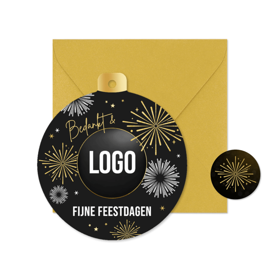 Zakelijke kerstkaart kerstbal vuurwerk fijne feestdagen logo - Kaartimpressie