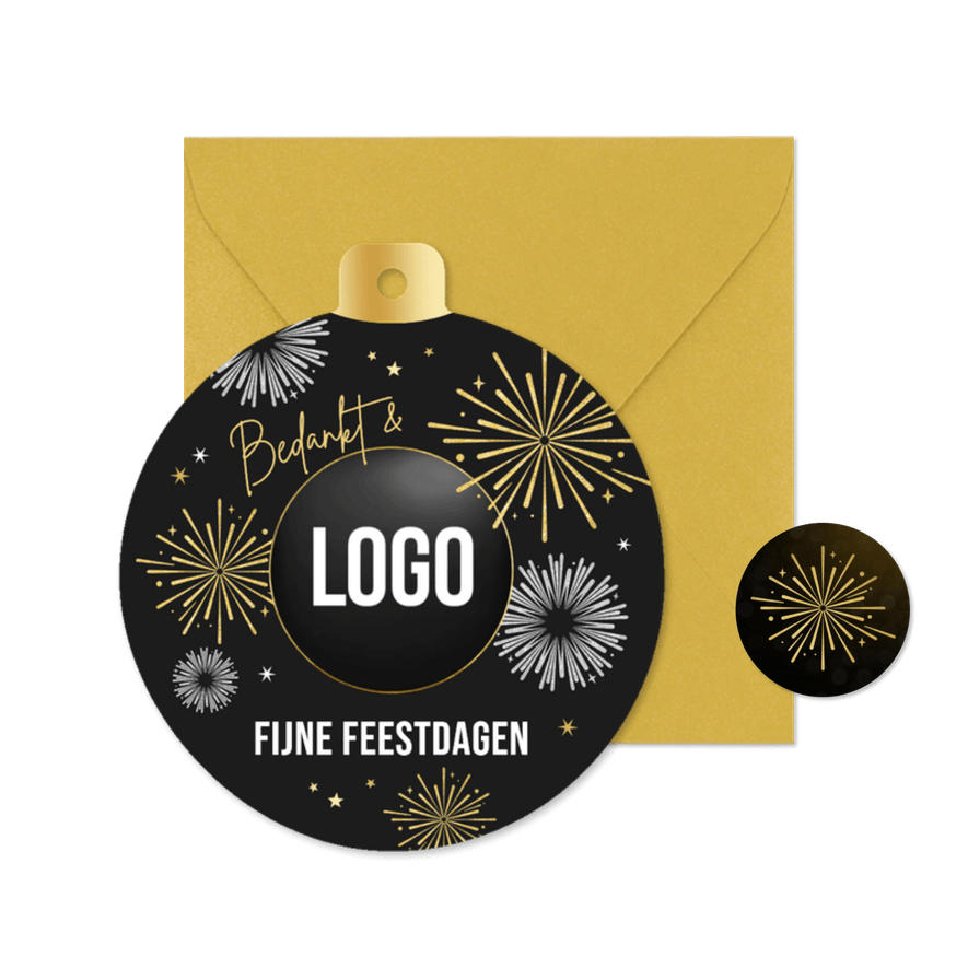 Zakelijke kerstkaart kerstbal vuurwerk fijne feestdagen logo - Kaartimpressie