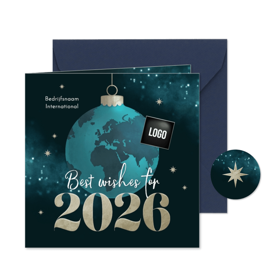 Zakelijke kerstkaart kerstbal wereld 2026 best wishes - Kaartimpressie