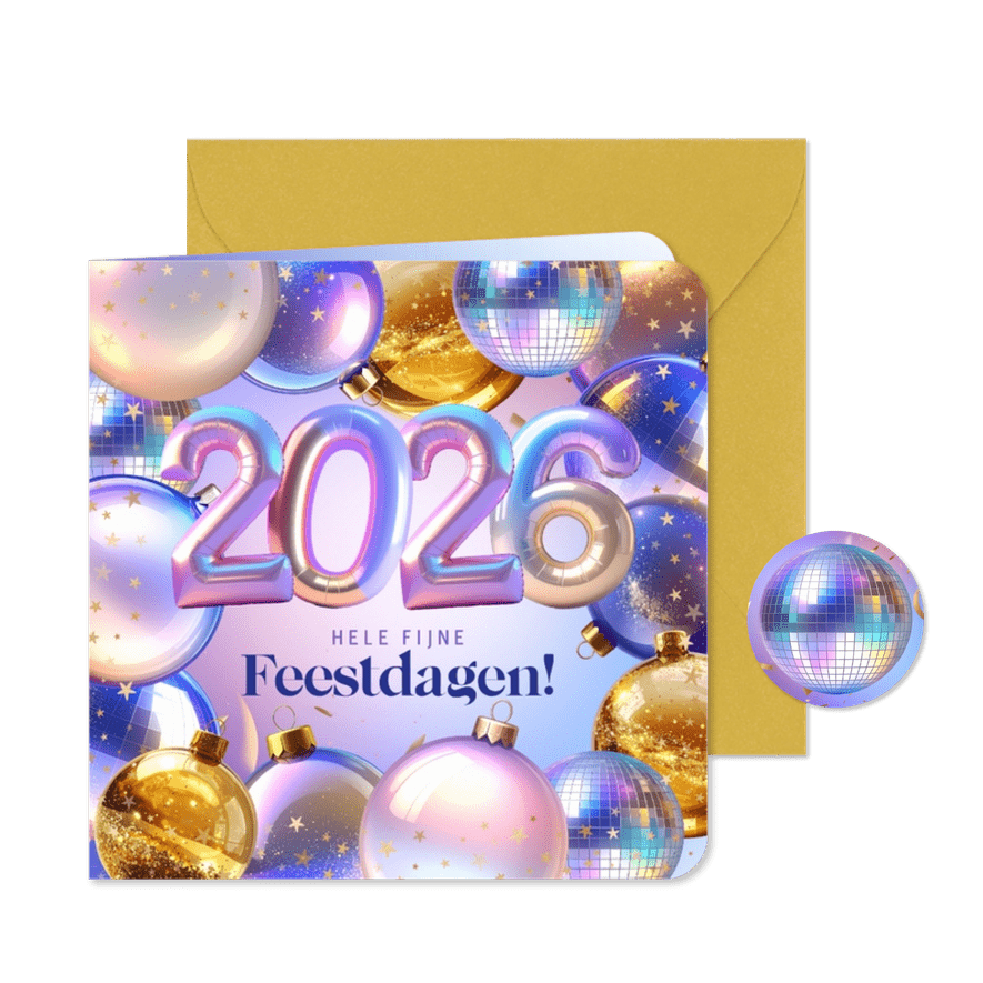 Zakelijke kerstkaart kerstballen discoballen jaartal 2026 - Kaartimpressie