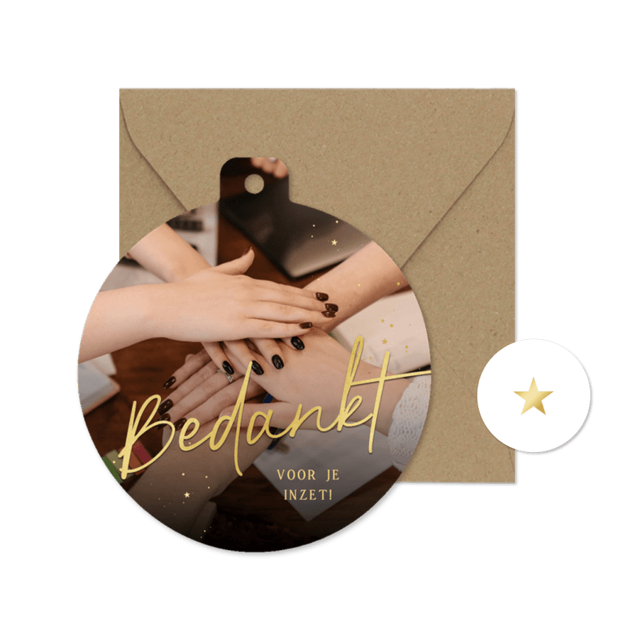 Zakelijke kerstkaart kerstbalvorm grote foto bedankt goud - Kaartimpressie