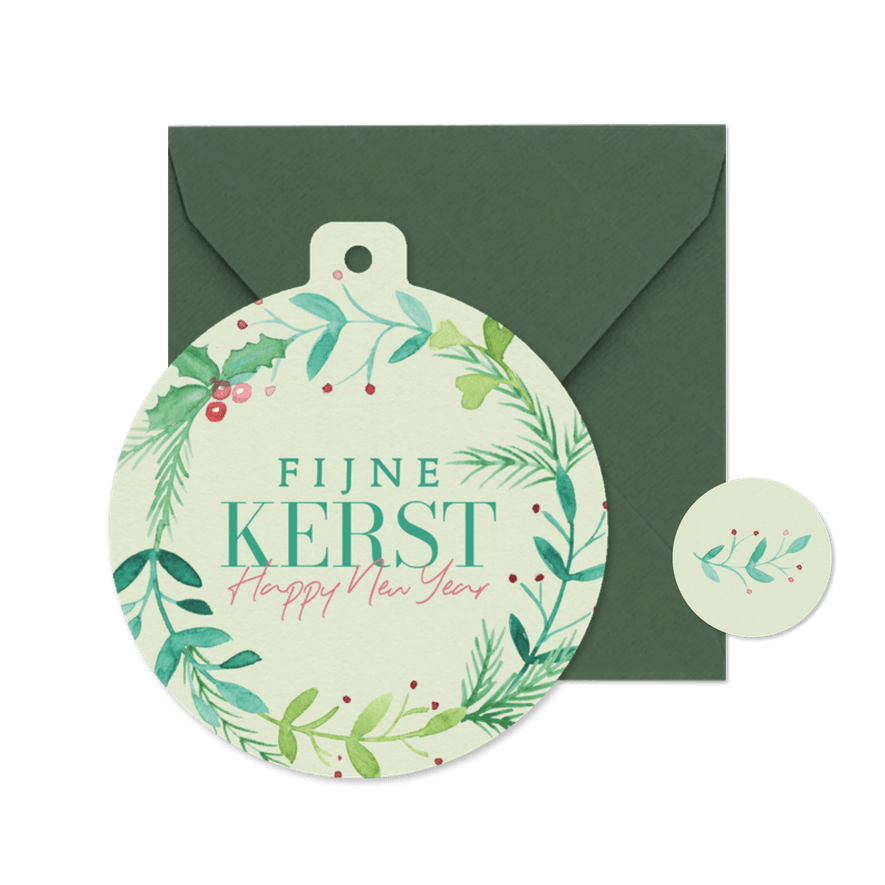 Zakelijke kerstkaart kerstbalvorm kerstkrans waterverf - Kaartimpressie