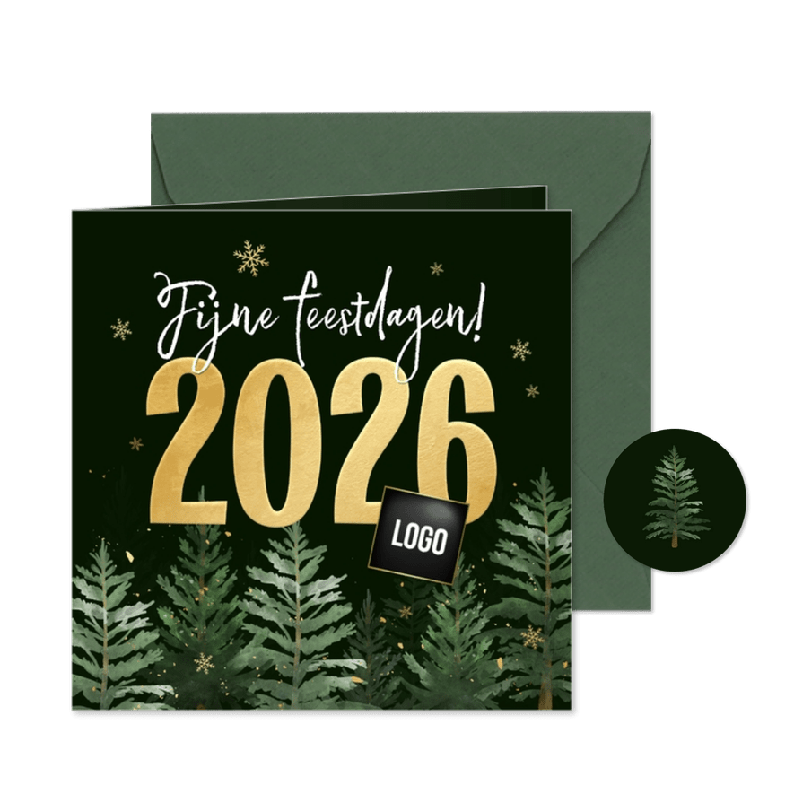 Zakelijke kerstkaart kerstbomen goud 2026 jaartal sneeuw - Kaartimpressie