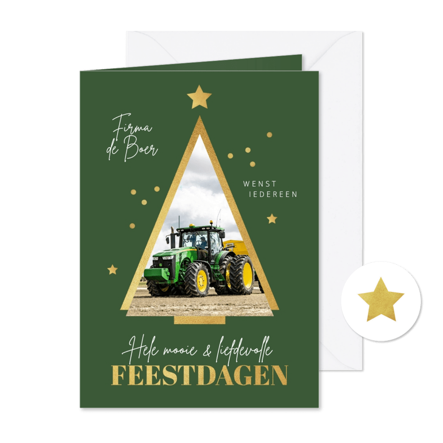 Zakelijke kerstkaart kerstboom fijne feestdagen goud sterren - Kaartimpressie