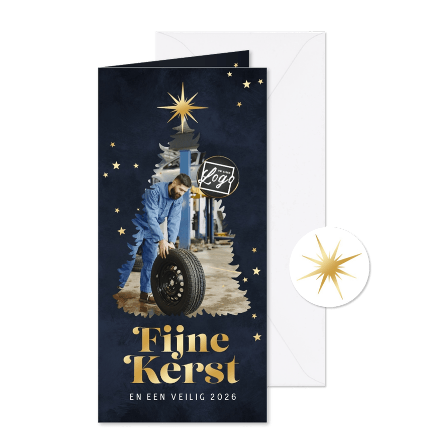 Zakelijke kerstkaart kerstboom fijne kerst foto sterren goud - Kaartimpressie