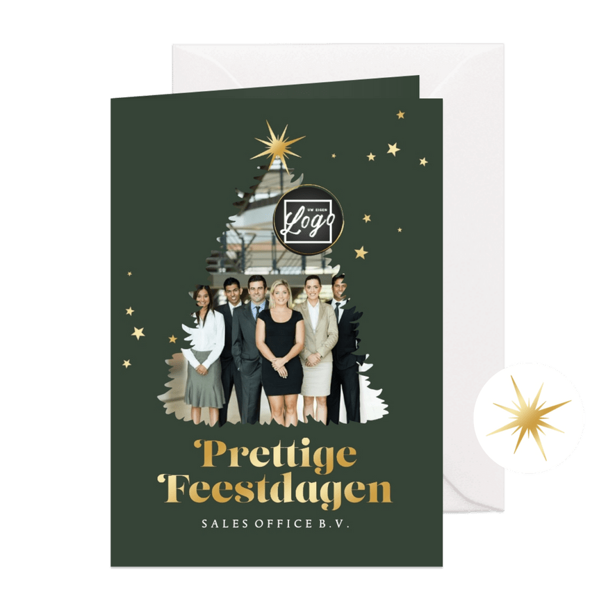 Zakelijke kerstkaart kerstboom foto gouden sterren logo - Kaartimpressie