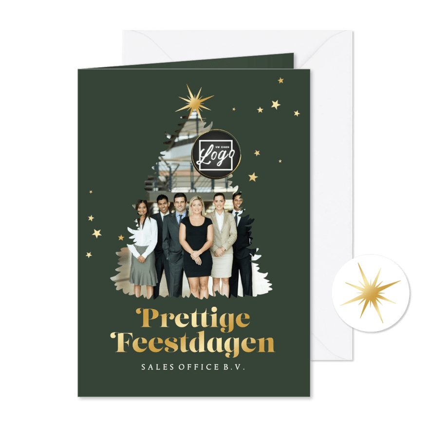 Zakelijke kerstkaart kerstboom foto gouden sterren logo - Kaartimpressie