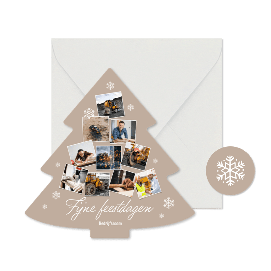 Zakelijke kerstkaart kerstboom fotocollage beige sneeuw - Kaartimpressie