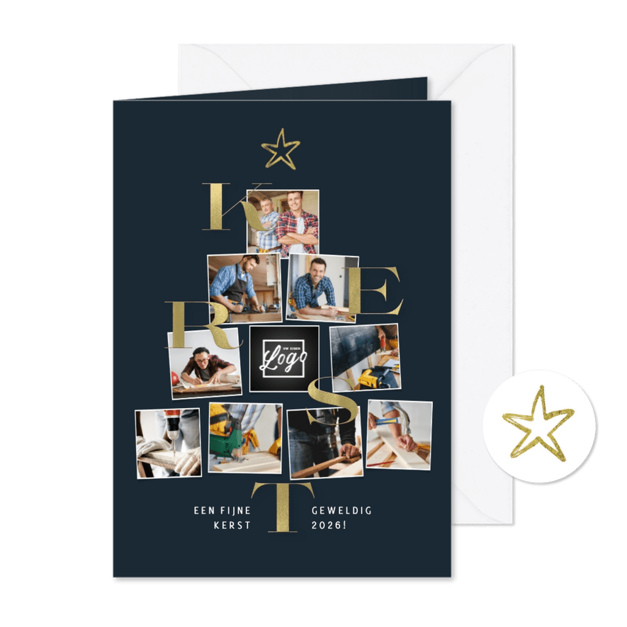 Zakelijke kerstkaart kerstboom fotocollage ster goud - Kaartimpressie